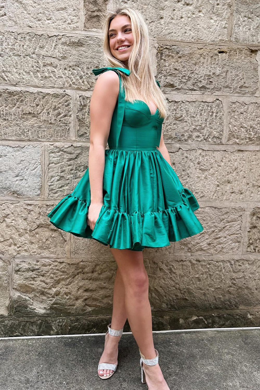 Sweetheart Tie Shoulder Straps Satin Structured Boned Corset Open Back Tiered Ruffle Hem Flared A-Line Short Homecoming Dress