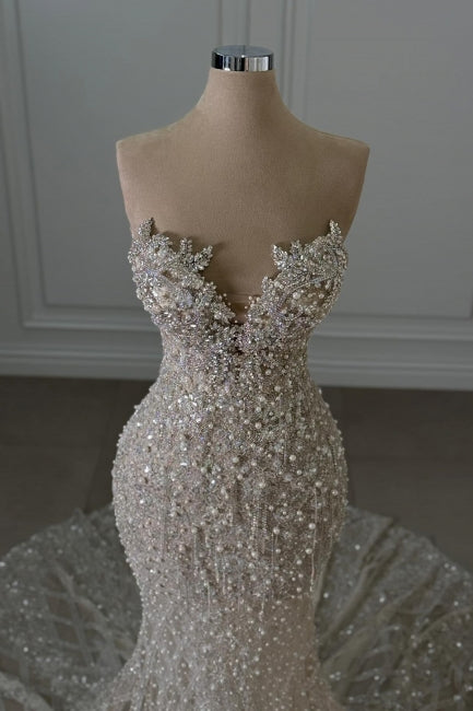 Sweetheart Long Mermaid Sleeveless Beaded Lace Wedding Dress