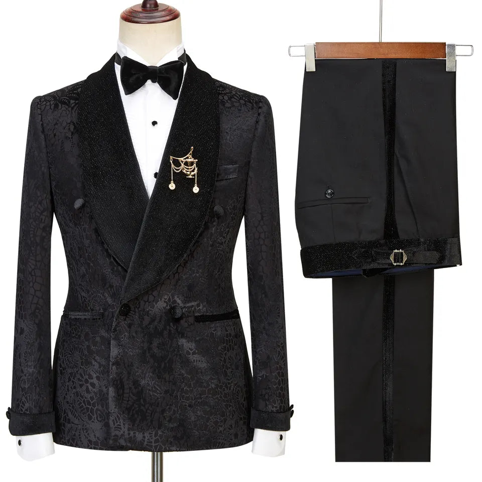 Tailored Black Jacquard Double-Breasted Wedding Suit with Velvet Shawl Lapel