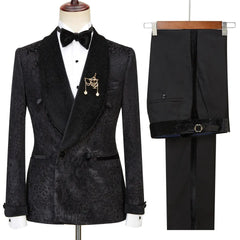 Tailored Black Jacquard Double-Breasted Wedding Suit with Velvet Shawl Lapel
