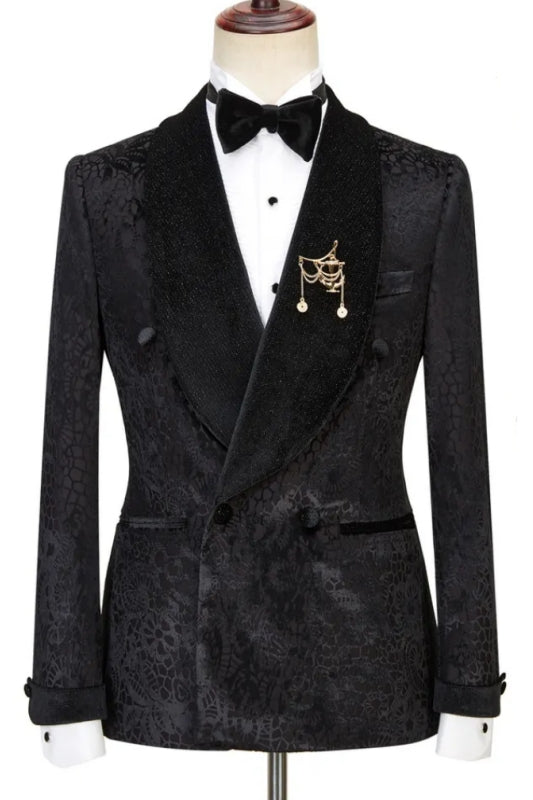 Tailored Black Jacquard Double-Breasted Wedding Suit with Velvet Shawl Lapel