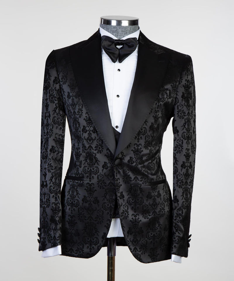 Tailored Black Jacquard Peaked Lapel Three-Piece Men’s Suit