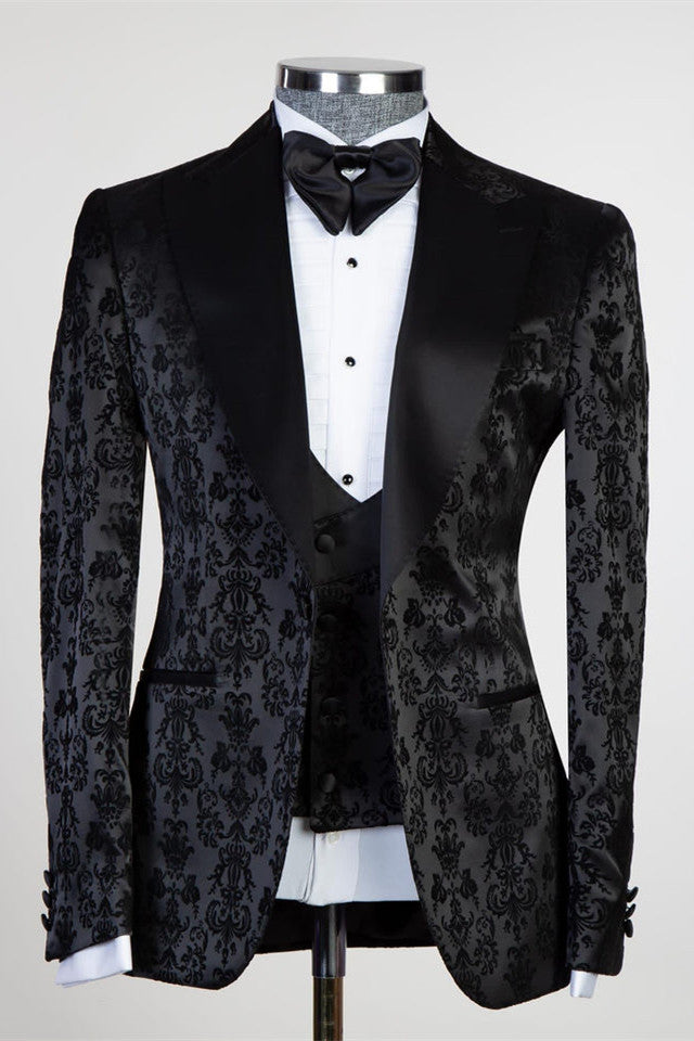 Tailored Black Jacquard Peaked Lapel Three-Piece Men’s Suit