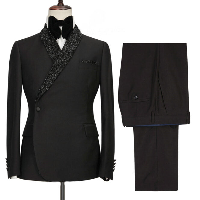 Tailored Black Two-Piece Wedding Suit with Sequins and Shawl Lapel