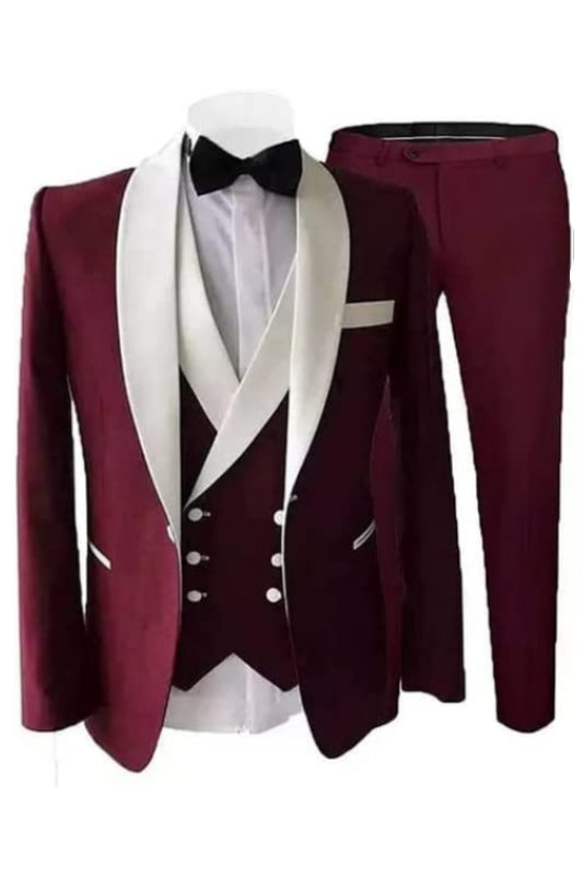 Tailored Burgundy Shawl Collar Three-Piece Groom's Suit