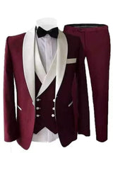 Tailored Burgundy Shawl Collar Three-Piece Groom's Suit