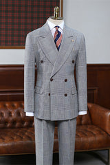 Tailored Gray Double Breasted Checkered Men's Business Suit