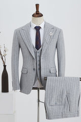Tailored Gray Peaked Lapel Three-Piece Business Suit for Men