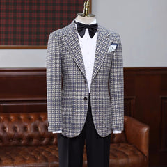 Tailored Grey Checkered Notched Lapel Prom Attire For Men