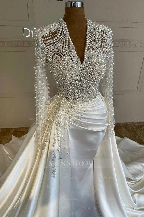 Tailored Ivory V-Neck Long Sleeves Mermaid Wedding Dress with Beads and Detachable Train