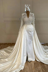 Tailored Ivory V-Neck Long Sleeves Mermaid Wedding Dress with Beads and Detachable Train