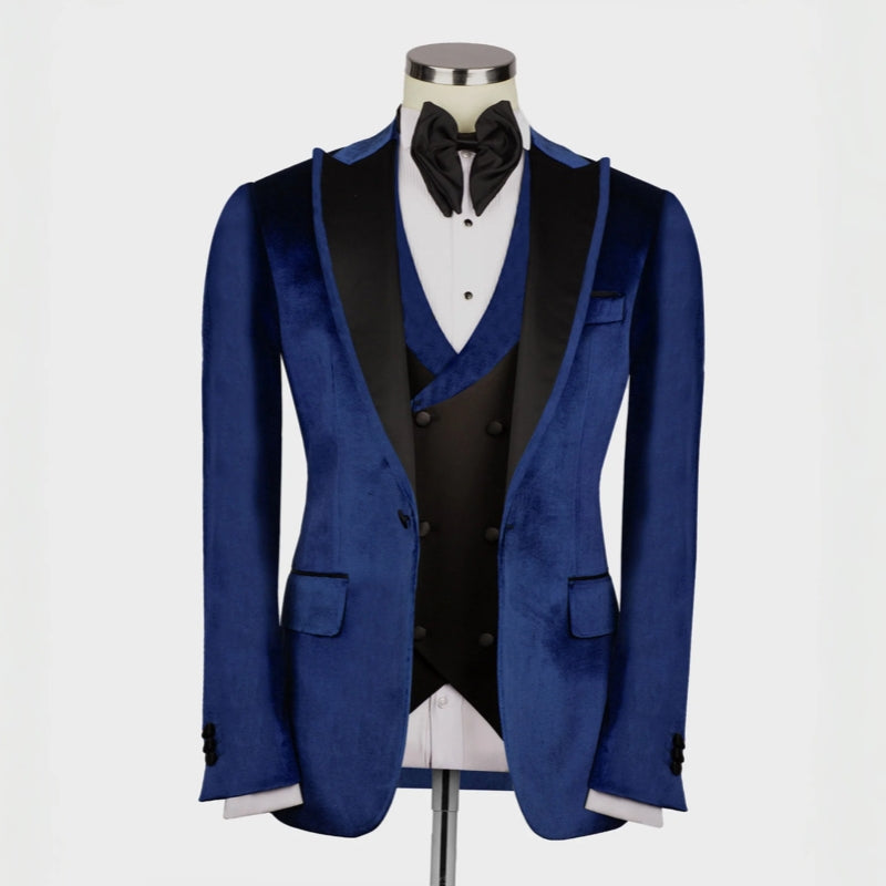 Tailored Navy Blue Peaked Lapel Three-Piece Velvet Prom Suit