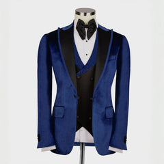 Tailored Navy Blue Peaked Lapel Three-Piece Velvet Prom Suit