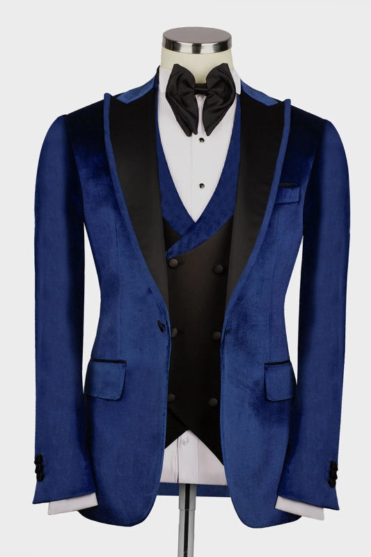 Tailored Navy Blue Peaked Lapel Three-Piece Velvet Prom Suit