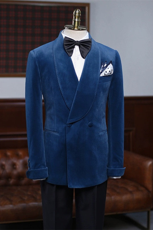 Tailored Navy Blue Shawl Collar Velvet Groom's Wedding Suit