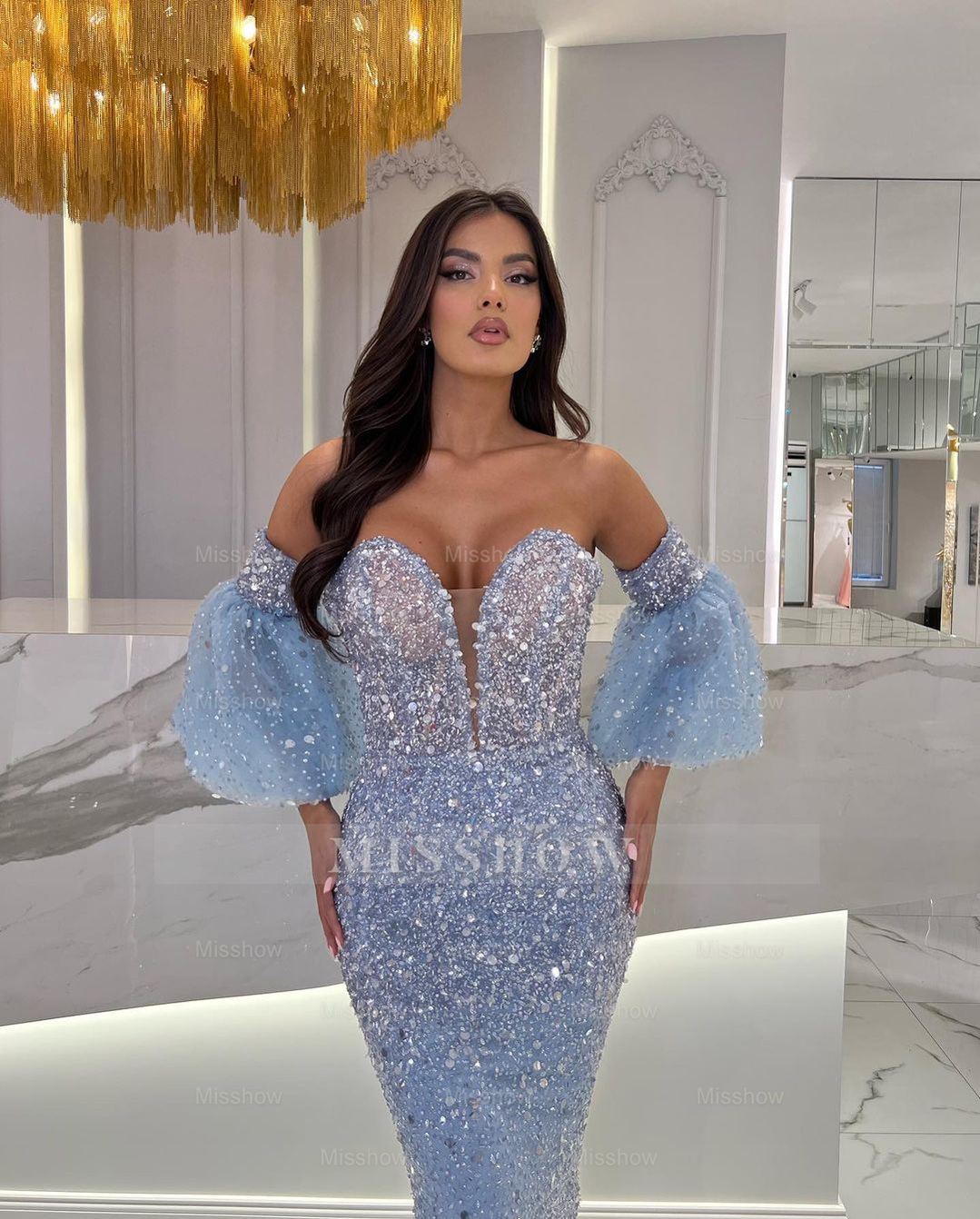 Tea Length Light Blue Beaded Formal Dress Sequins With Puffy Sleeves