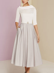 Tea-Length Mother of the Bride A-Line Dress with Jewel Neckline Half Sleeves Pleats and Pockets