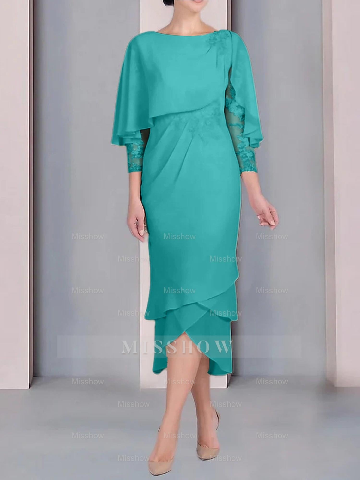 Tea-Length Mother of the Bride Dress with Scoop Neck Short Sleeves and Appliqued Lace