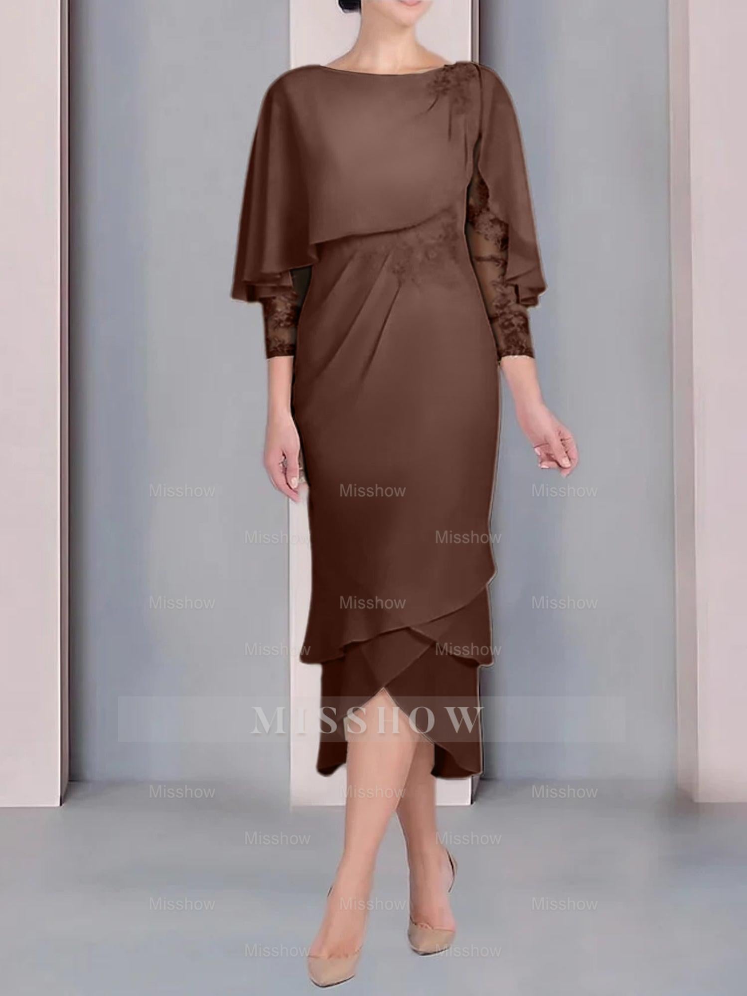 Tea-Length Mother of the Bride Dress with Scoop Neck Short Sleeves and Appliqued Lace