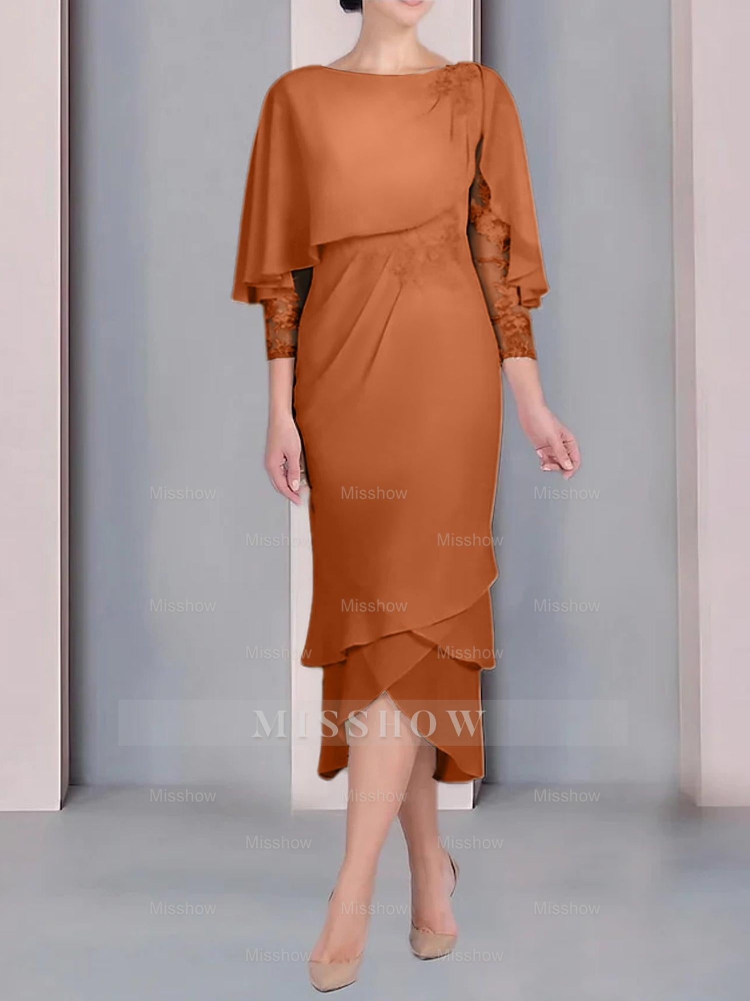 Tea-Length Mother of the Bride Dress with Scoop Neck Short Sleeves and Appliqued Lace