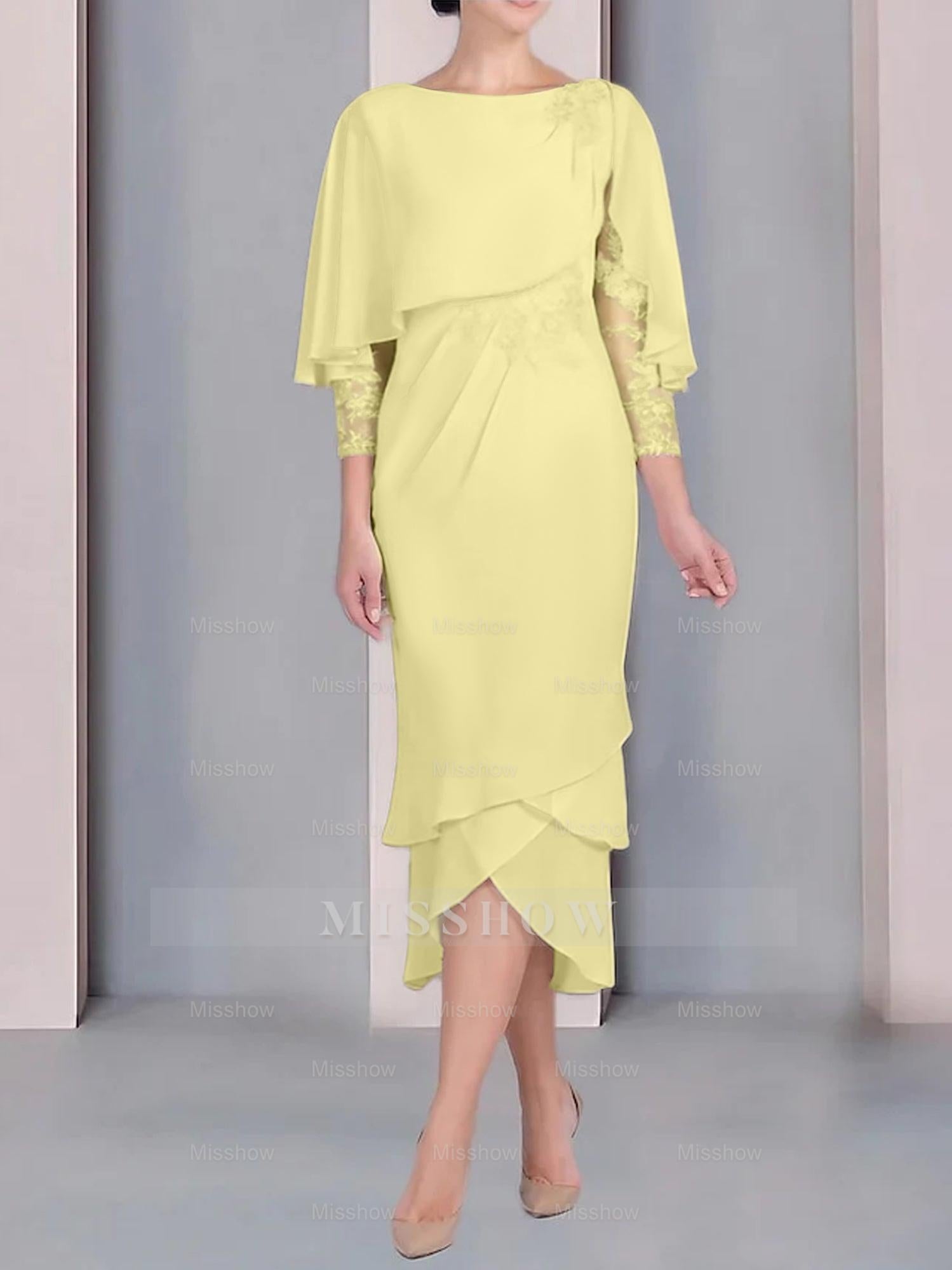 Tea-Length Mother of the Bride Dress with Scoop Neck Short Sleeves and Appliqued Lace