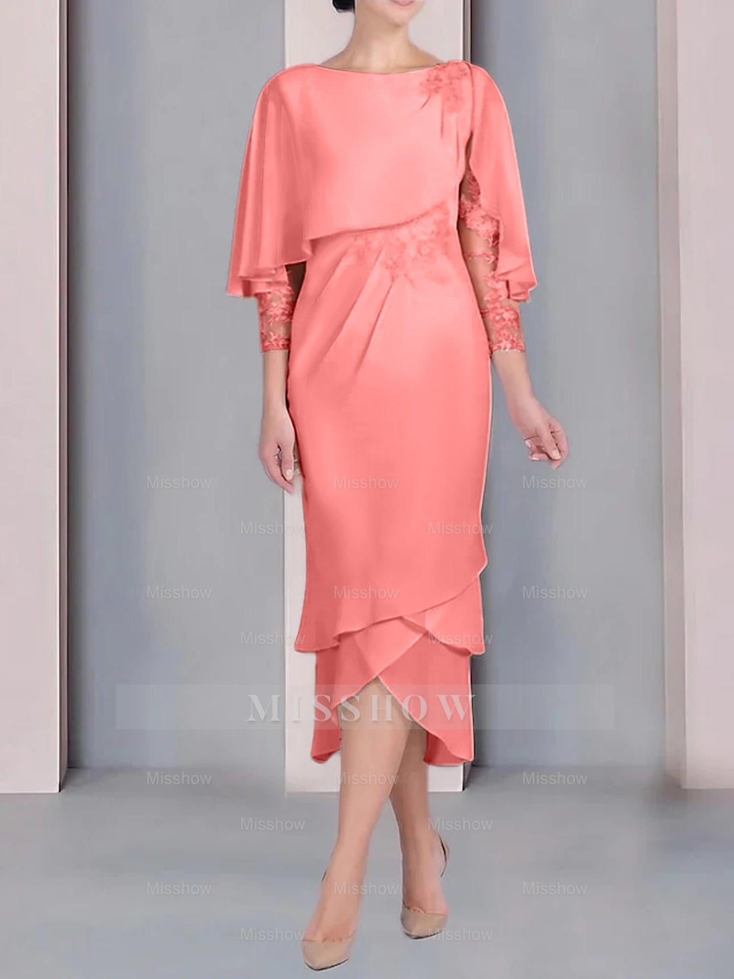 Tea-Length Mother of the Bride Dress with Scoop Neck Short Sleeves and Appliqued Lace