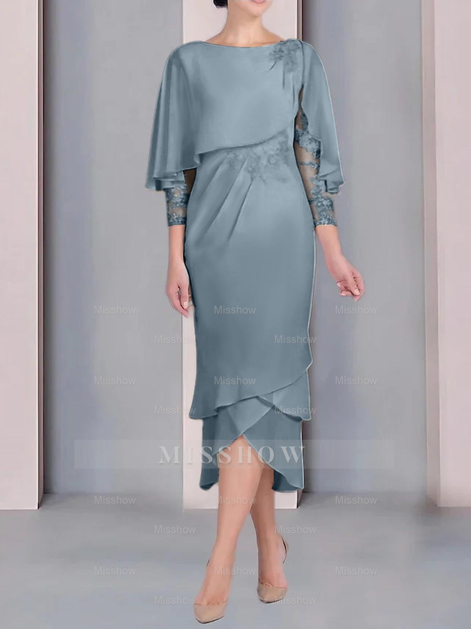 Tea-Length Mother of the Bride Dress with Scoop Neck Short Sleeves and Appliqued Lace