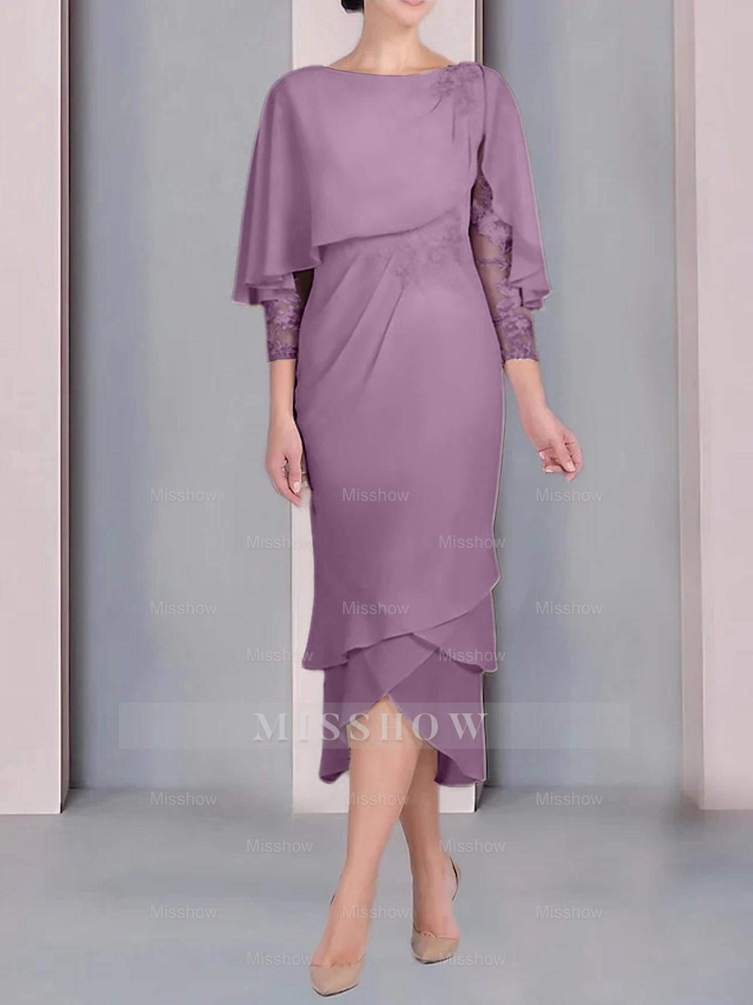 Tea-Length Mother of the Bride Dress with Scoop Neck Short Sleeves and Appliqued Lace