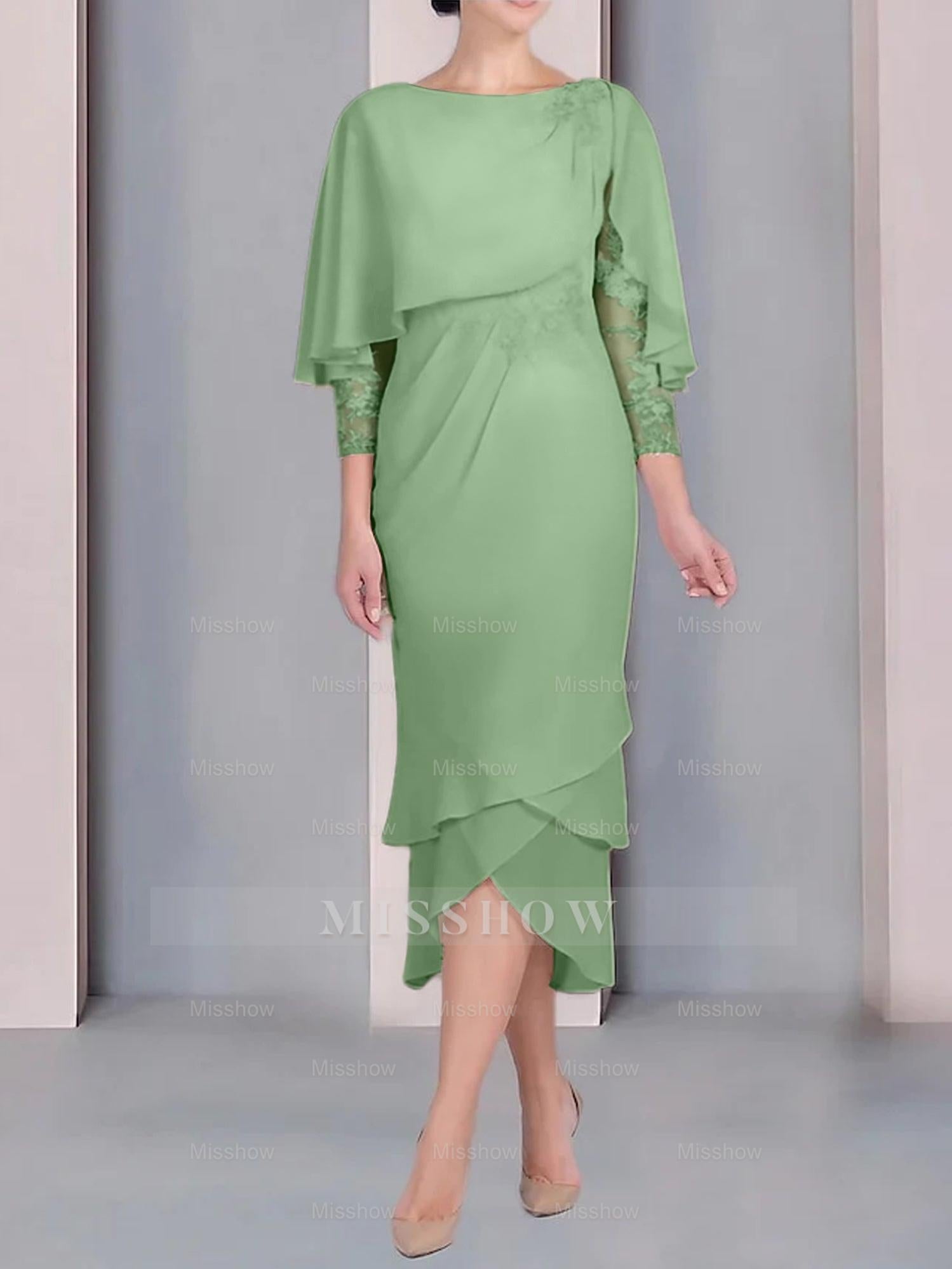 Tea-Length Mother of the Bride Dress with Scoop Neck Short Sleeves and Appliqued Lace