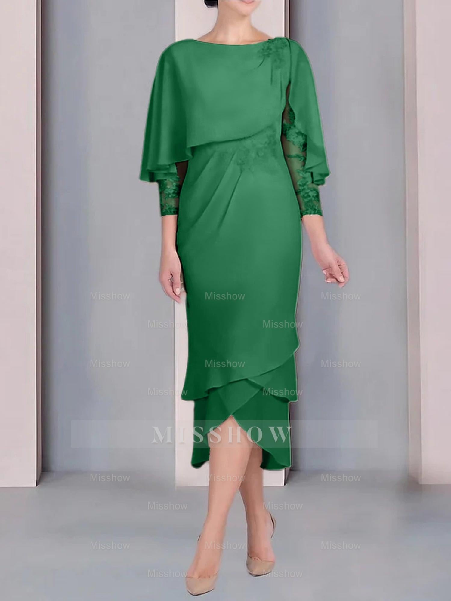 Tea-Length Mother of the Bride Dress with Scoop Neck Short Sleeves and Appliqued Lace