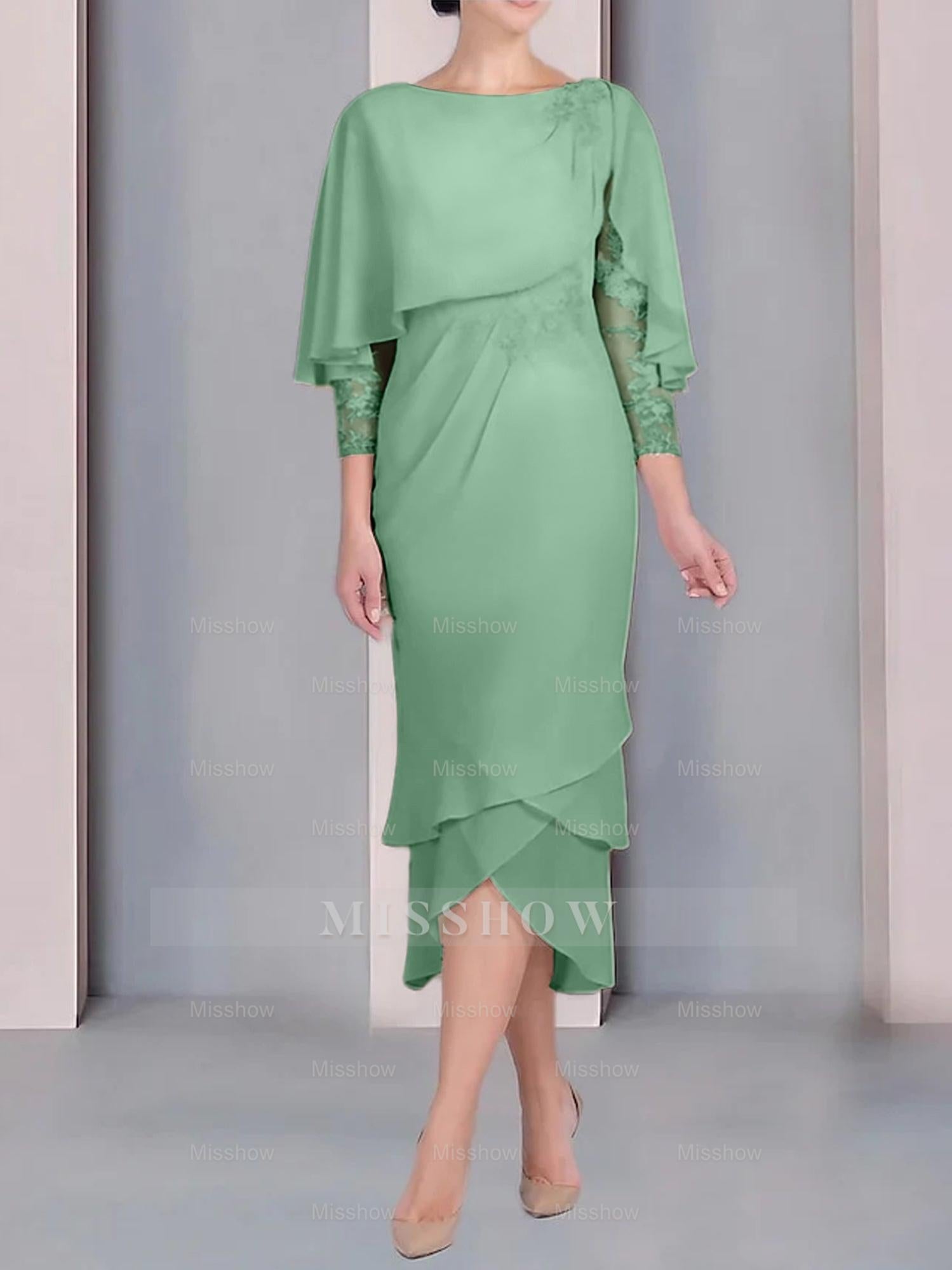 Tea-Length Mother of the Bride Dress with Scoop Neck Short Sleeves and Appliqued Lace