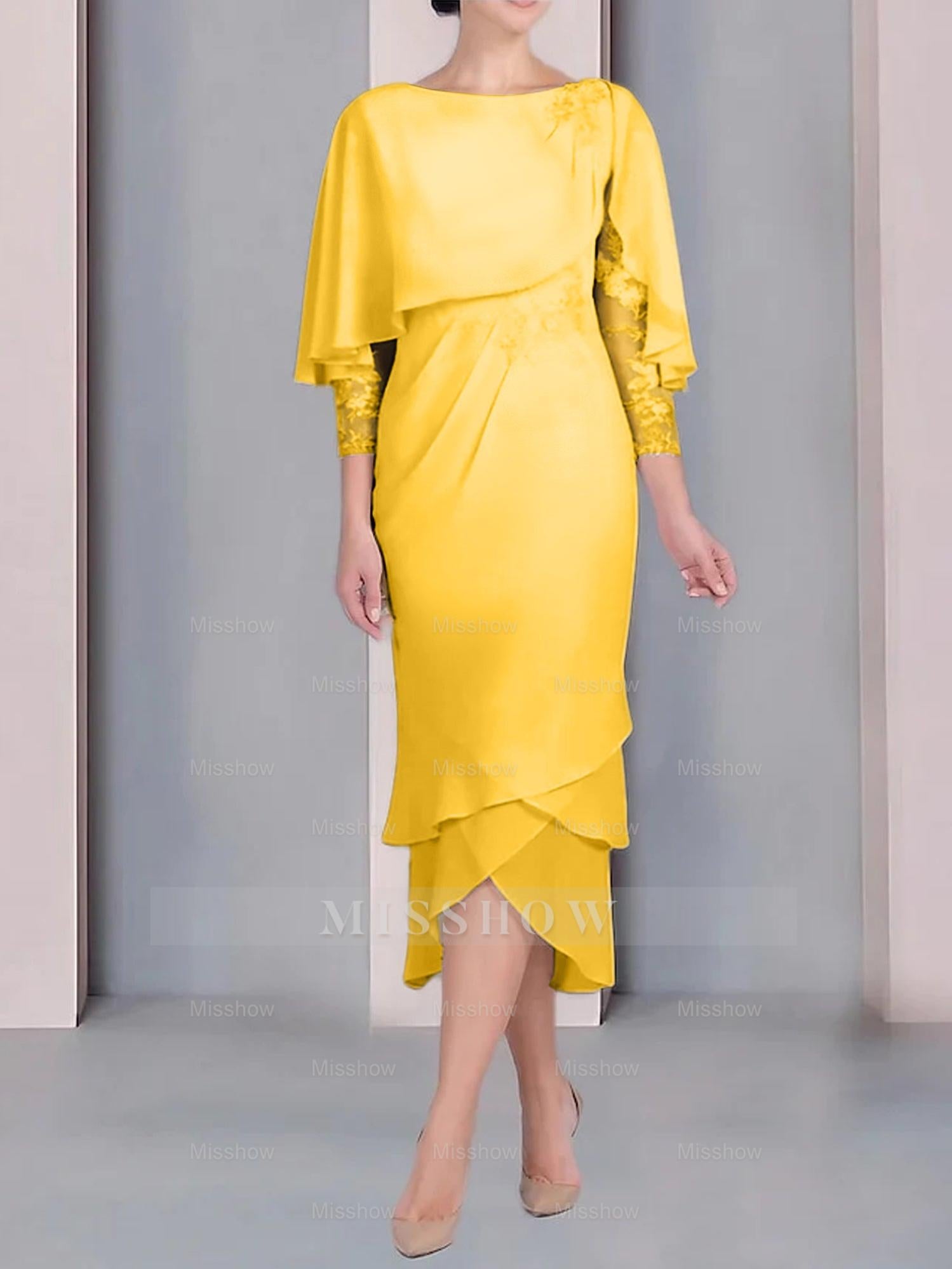 Tea-Length Mother of the Bride Dress with Scoop Neck Short Sleeves and Appliqued Lace