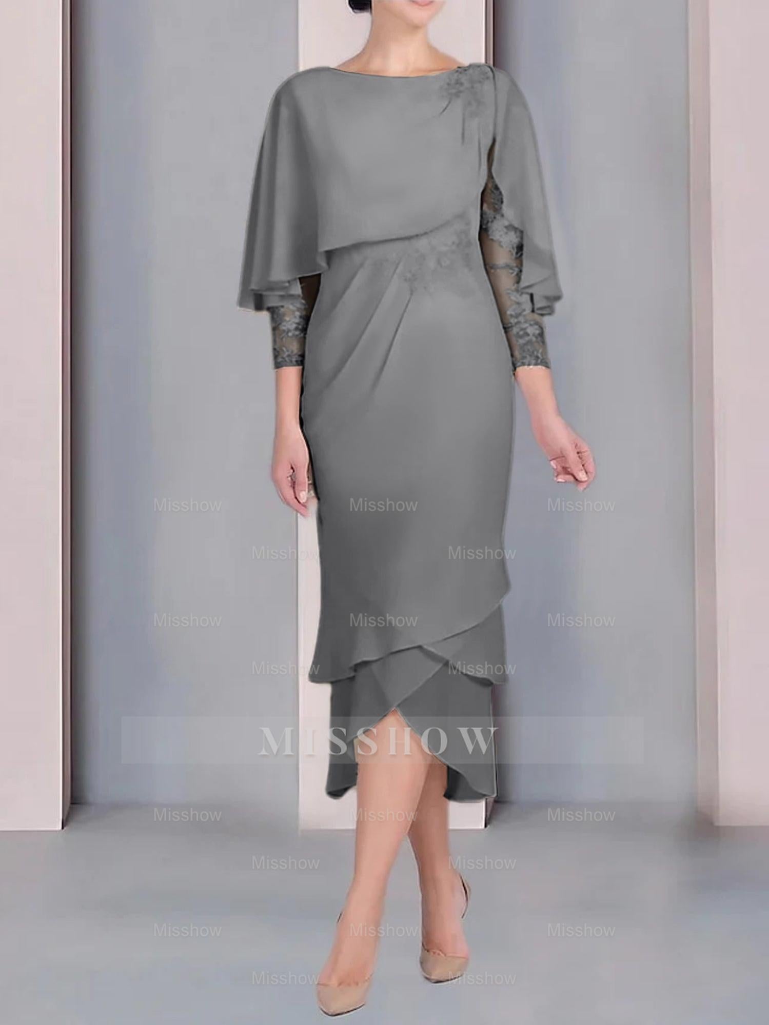 Tea-Length Mother of the Bride Dress with Scoop Neck Short Sleeves and Appliqued Lace