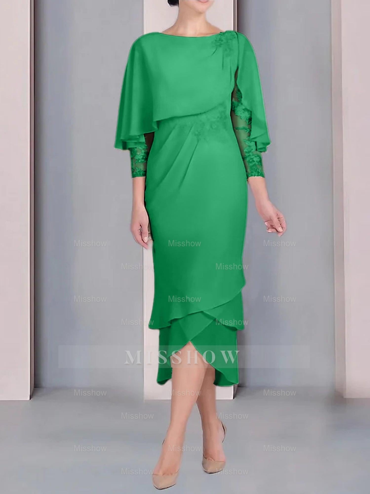 Tea-Length Mother of the Bride Dress with Scoop Neck Short Sleeves and Appliqued Lace