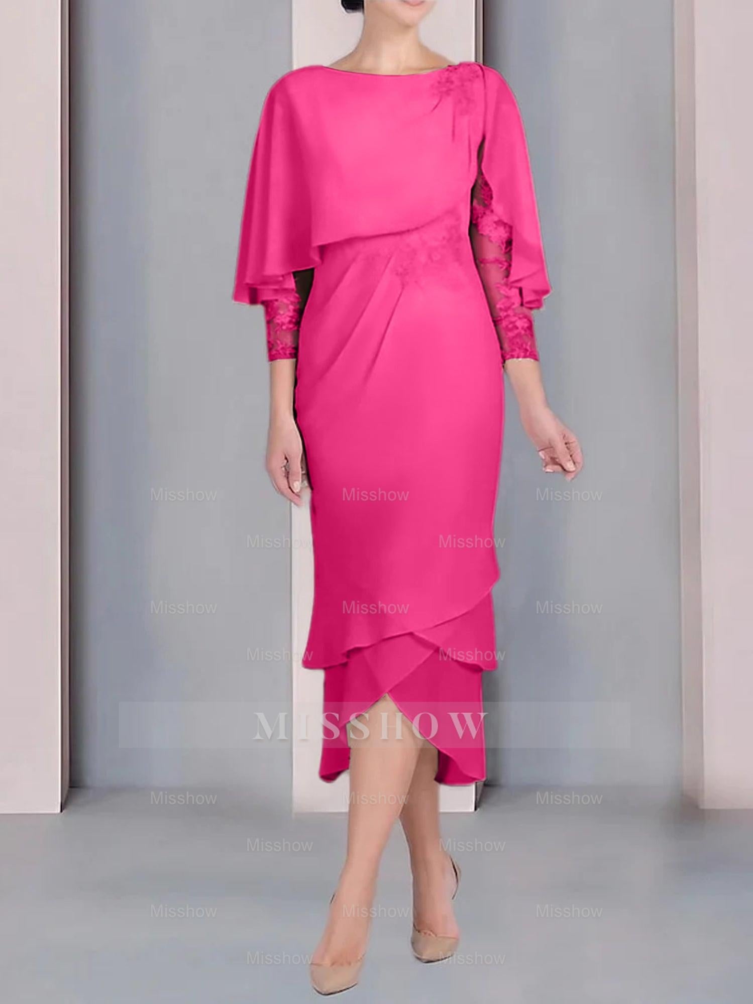 Tea-Length Mother of the Bride Dress with Scoop Neck Short Sleeves and Appliqued Lace