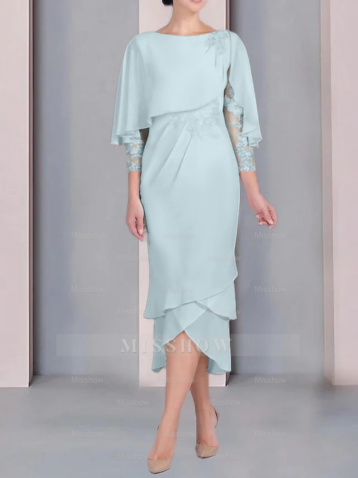 Tea-Length Mother of the Bride Dress with Scoop Neck Short Sleeves and Appliqued Lace