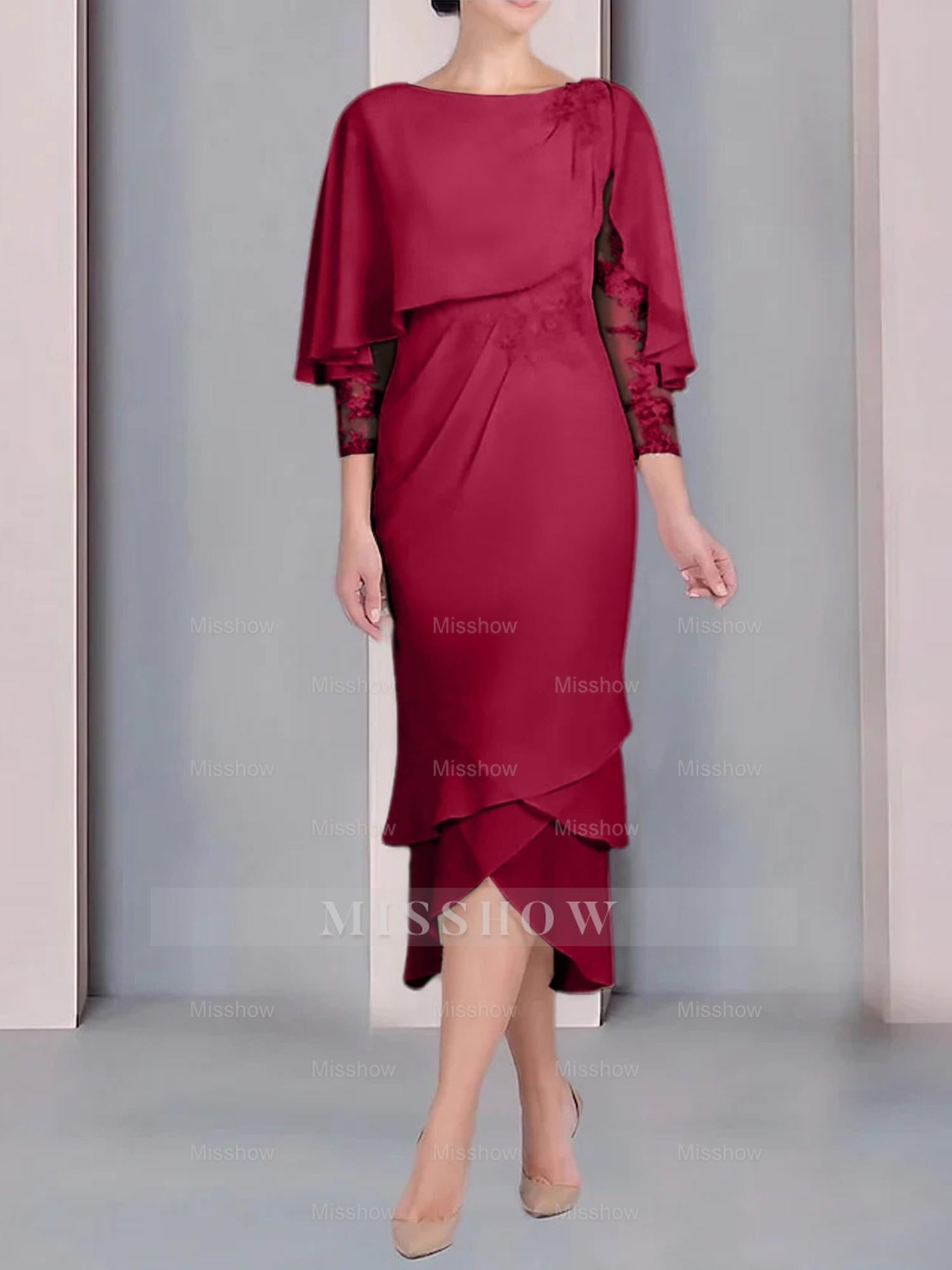 Tea-Length Mother of the Bride Dress with Scoop Neck Short Sleeves and Appliqued Lace