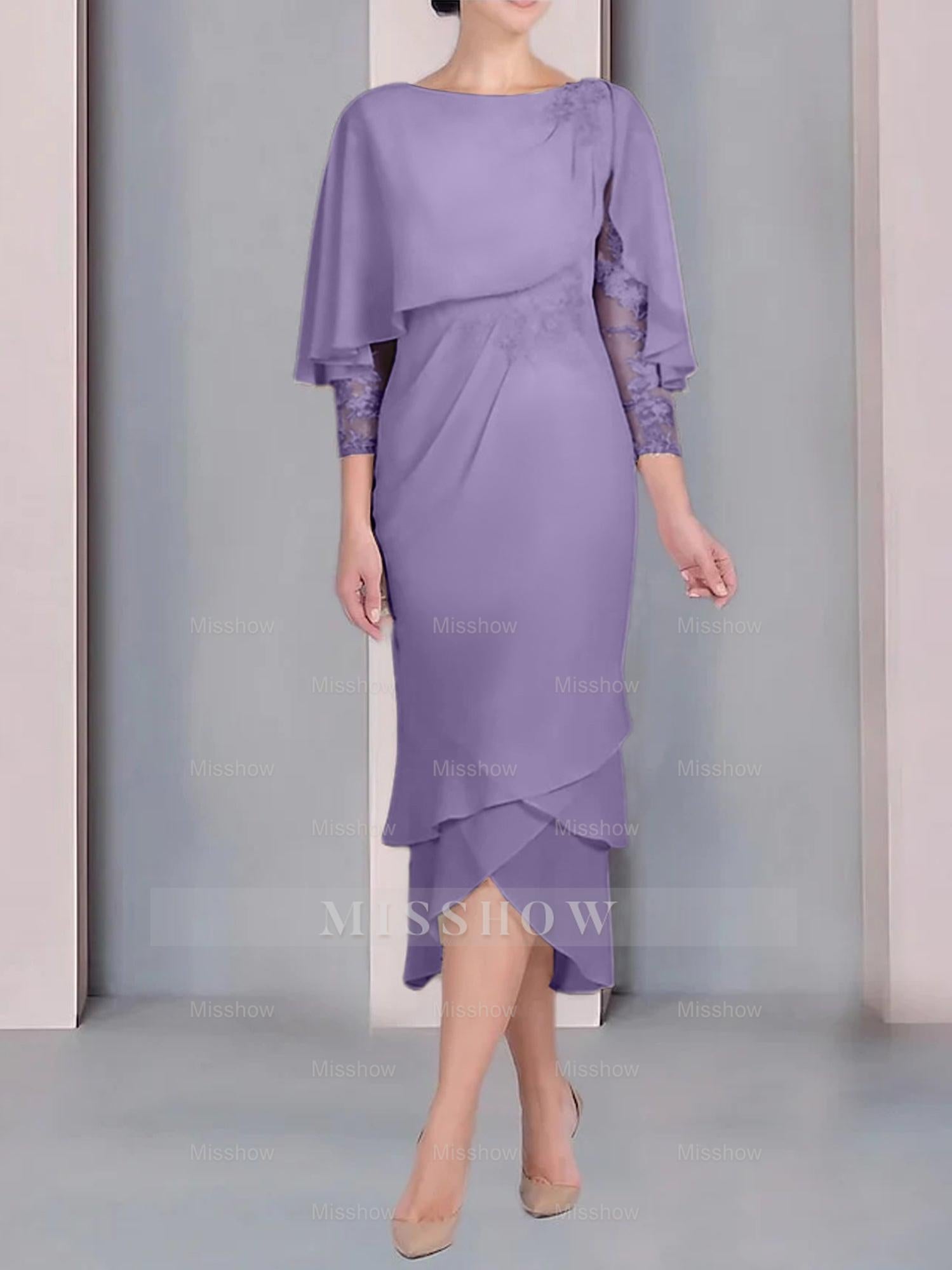 Tea-Length Mother of the Bride Dress with Scoop Neck Short Sleeves and Appliqued Lace