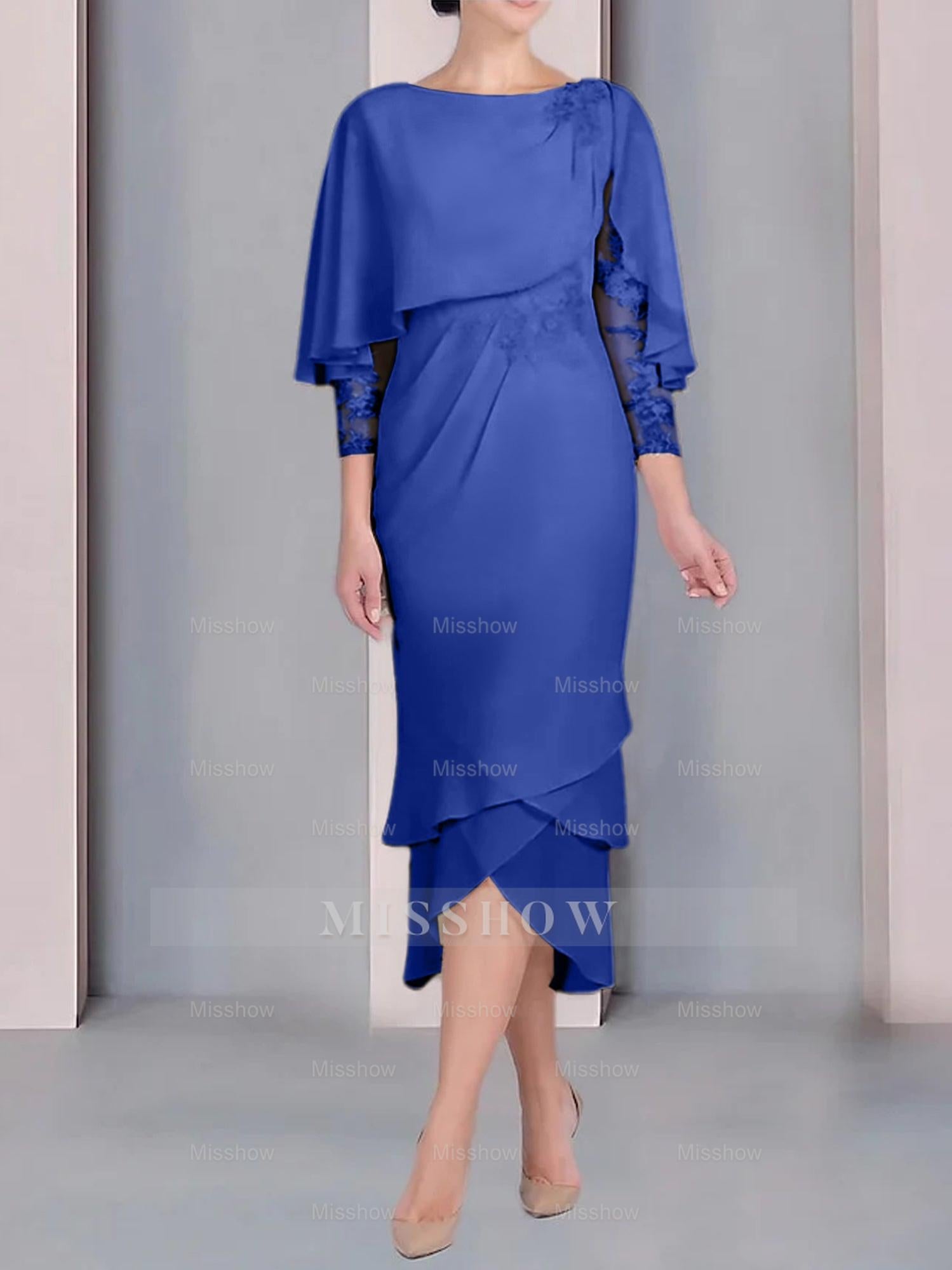 Tea-Length Mother of the Bride Dress with Scoop Neck Short Sleeves and Appliqued Lace