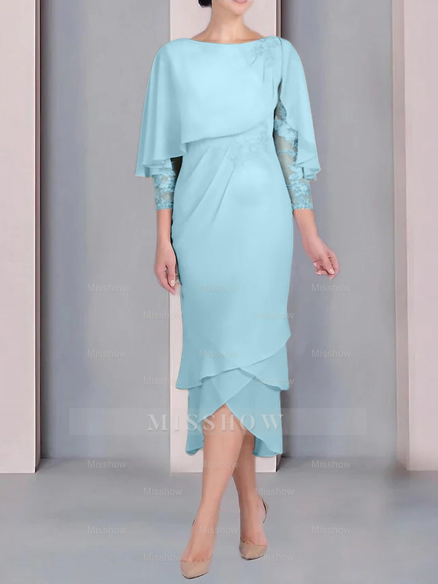 Tea-Length Mother of the Bride Dress with Scoop Neck Short Sleeves and Appliqued Lace