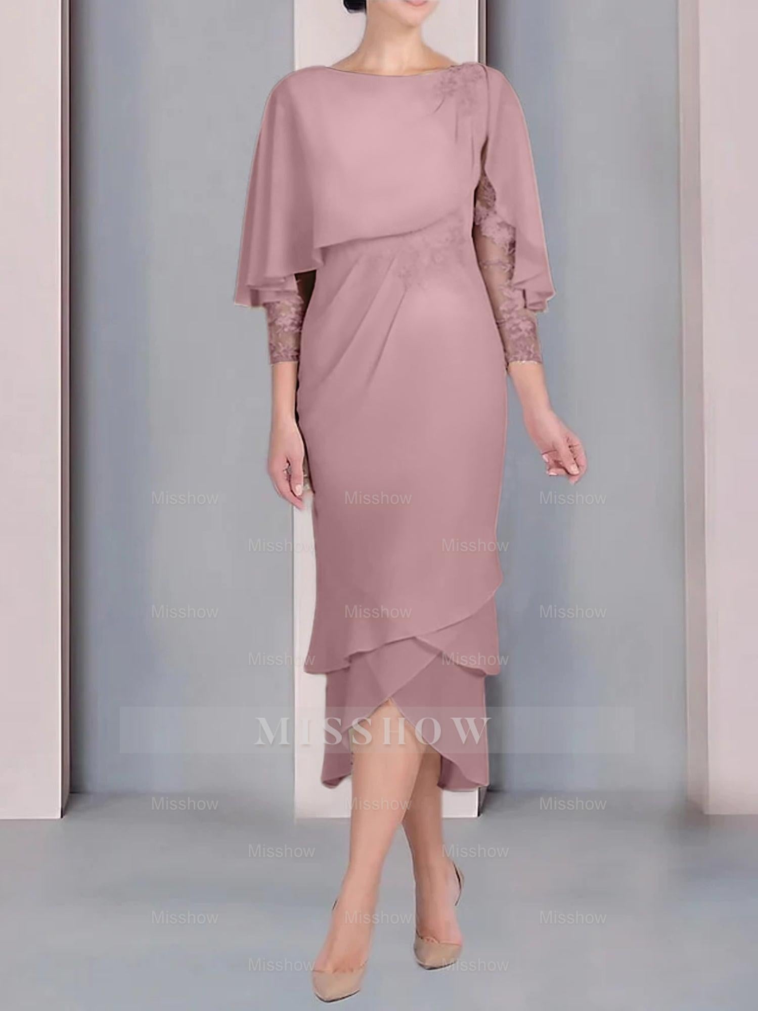 Tea-Length Mother of the Bride Dress with Scoop Neck Short Sleeves and Appliqued Lace