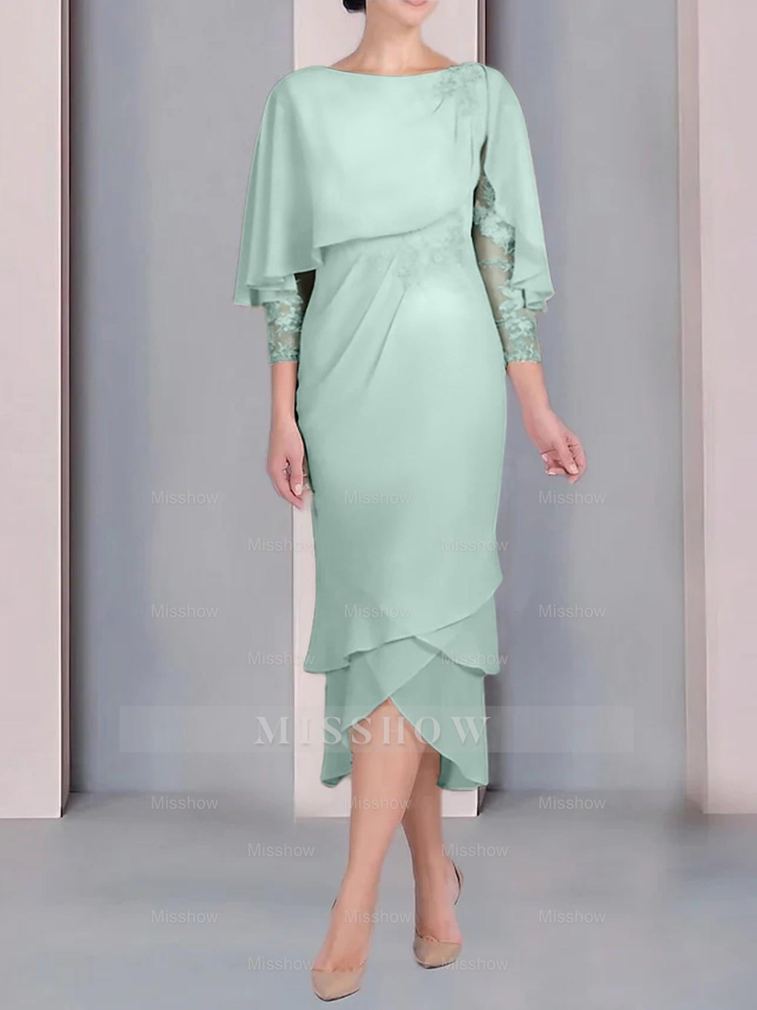 Tea-Length Mother of the Bride Dress with Scoop Neck Short Sleeves and Appliqued Lace