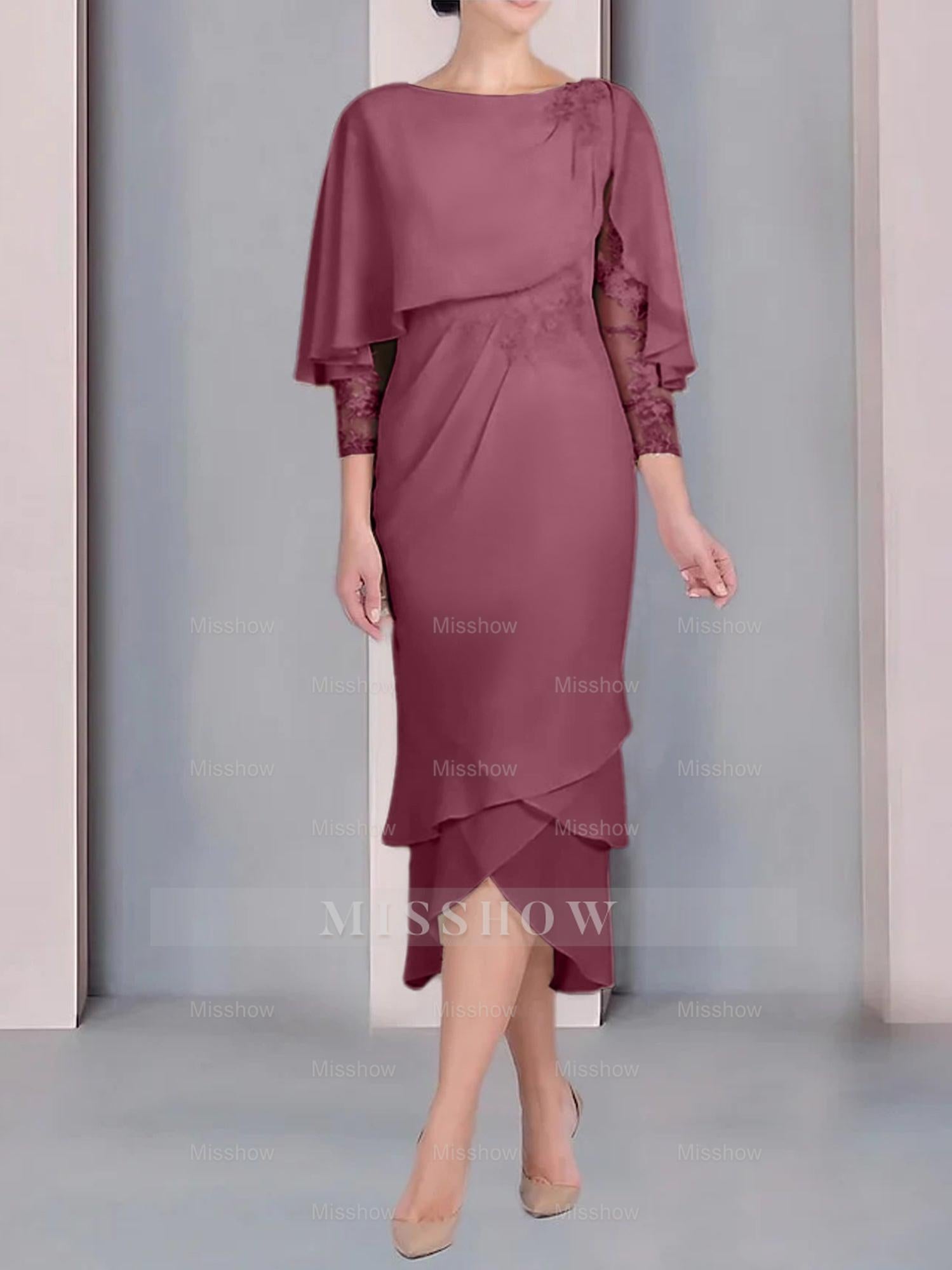 Tea-Length Mother of the Bride Dress with Scoop Neck Short Sleeves and Appliqued Lace