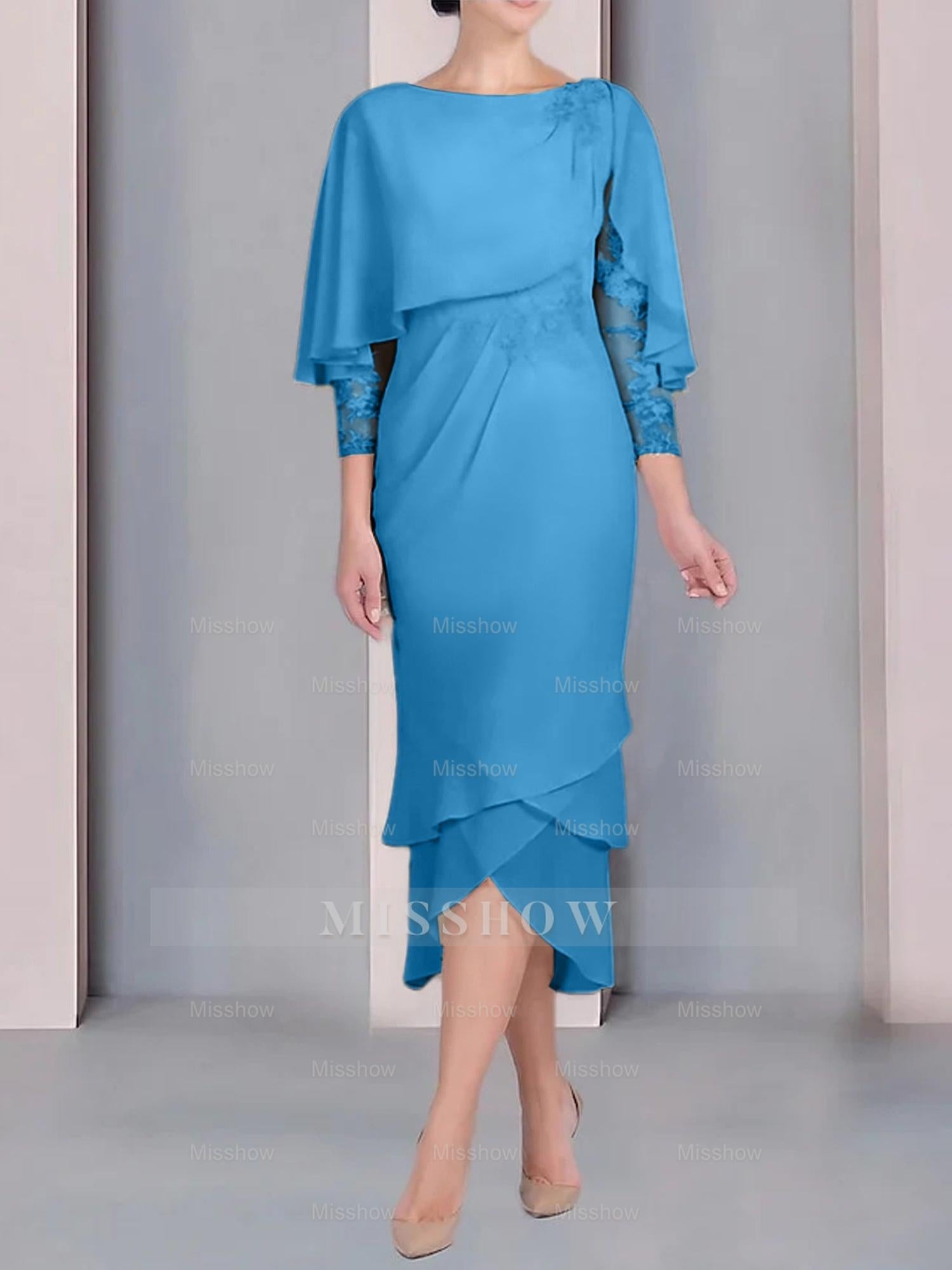 Tea-Length Mother of the Bride Dress with Scoop Neck Short Sleeves and Appliqued Lace