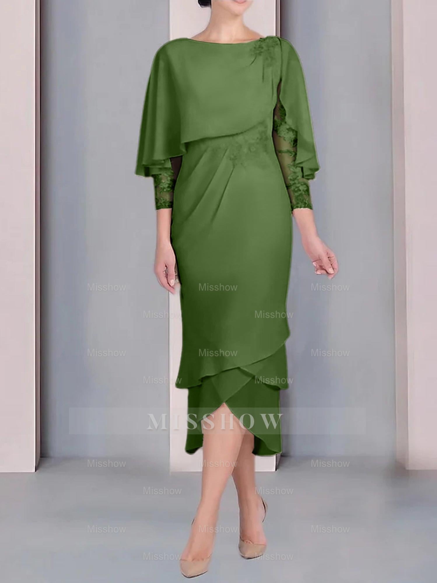 Tea-Length Mother of the Bride Dress with Scoop Neck Short Sleeves and Appliqued Lace