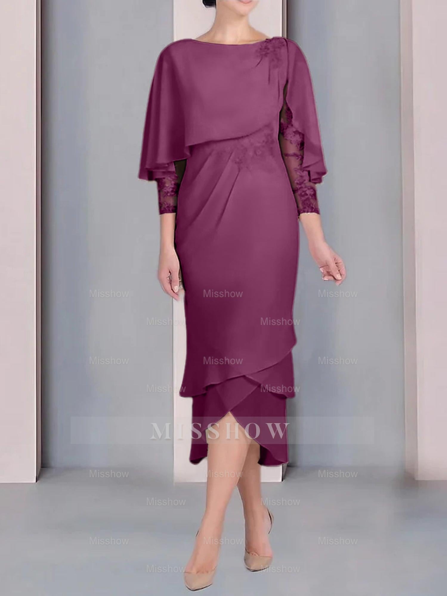 Tea-Length Mother of the Bride Dress with Scoop Neck Short Sleeves and Appliqued Lace