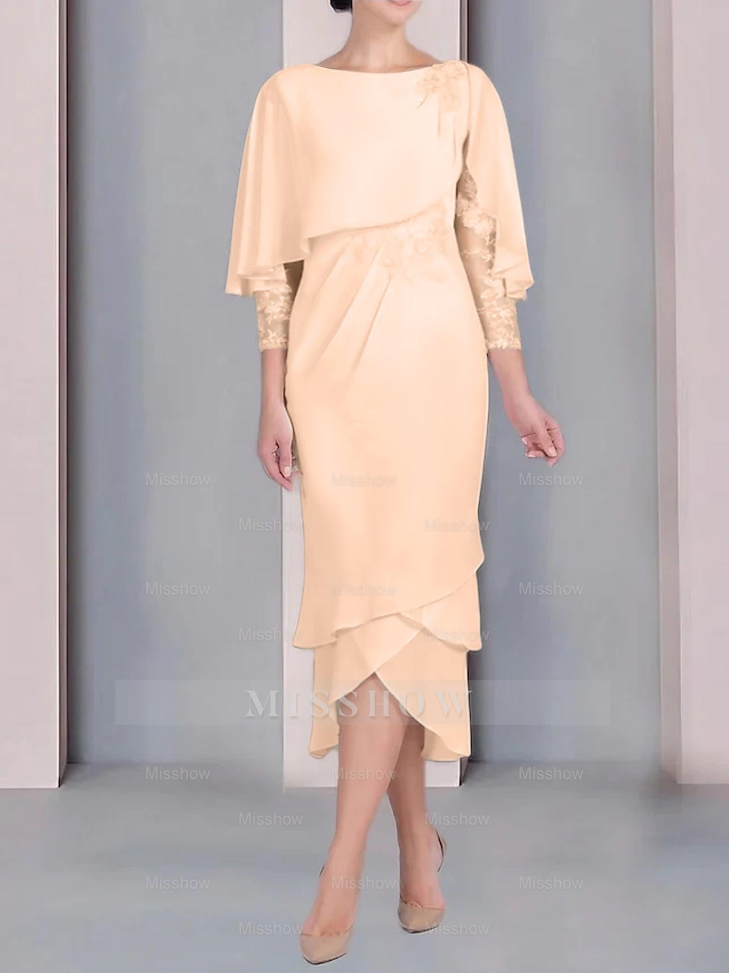 Tea-Length Mother of the Bride Dress with Scoop Neck Short Sleeves and Appliqued Lace