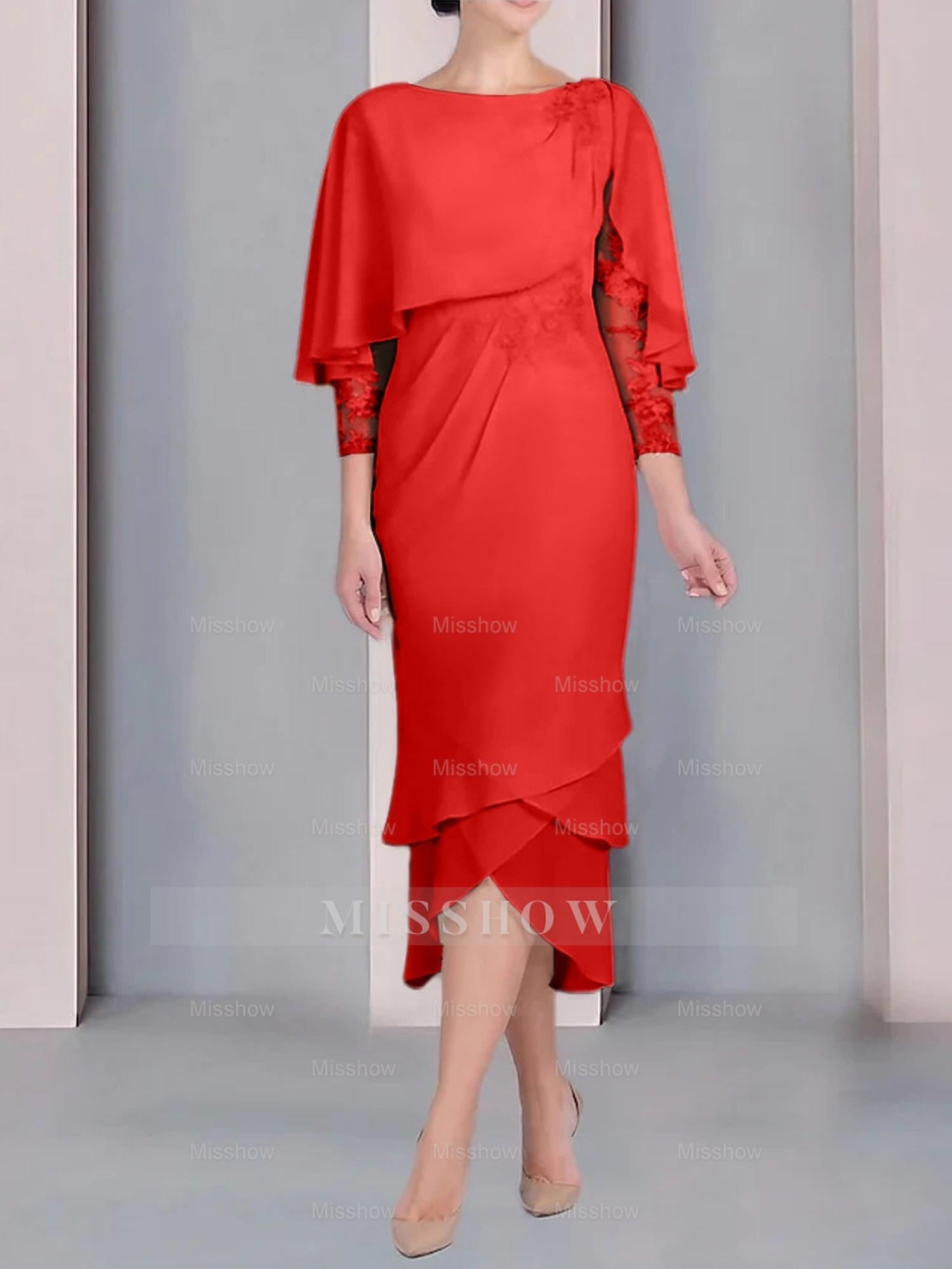 Tea-Length Mother of the Bride Dress with Scoop Neck Short Sleeves and Appliqued Lace