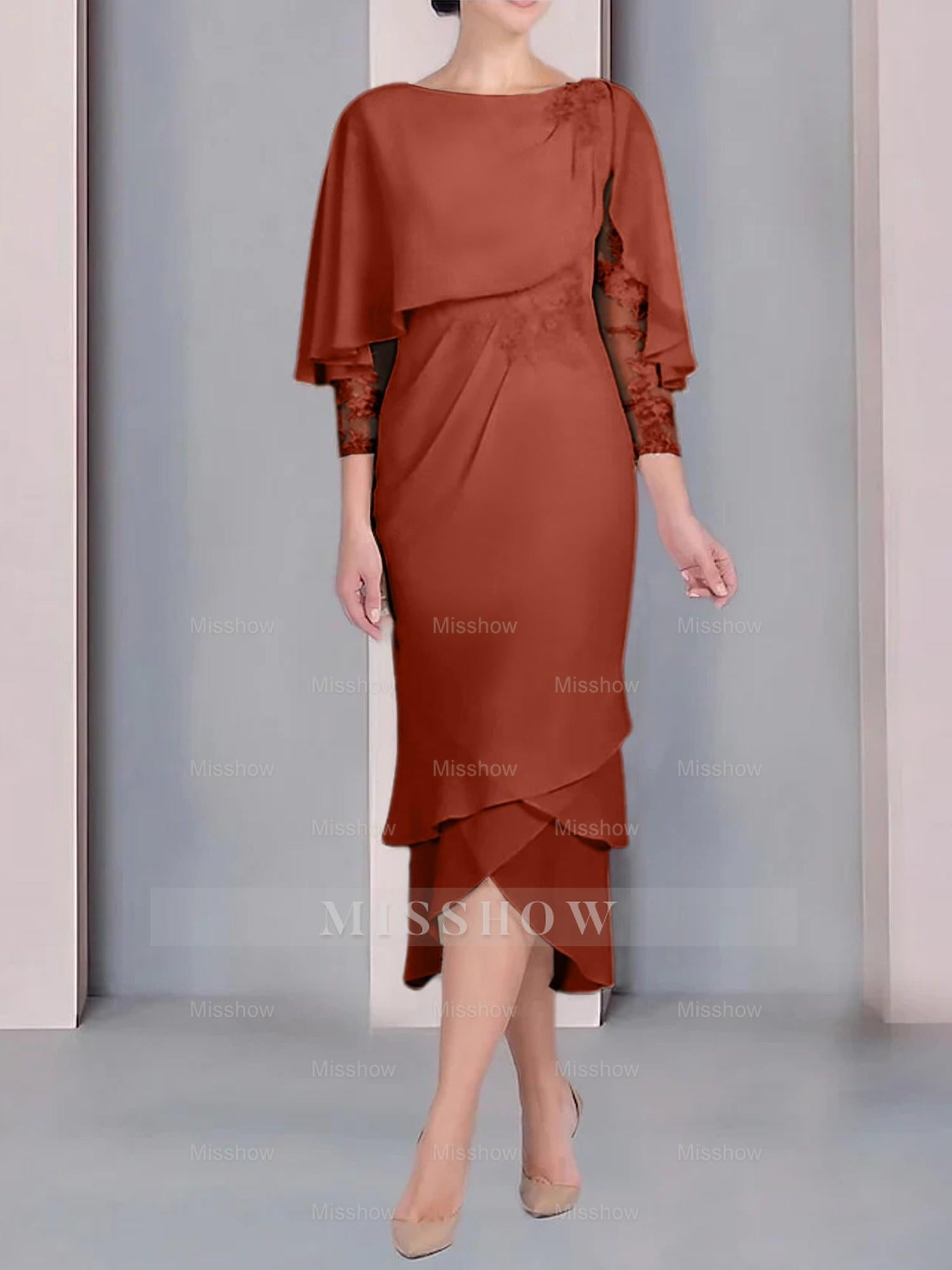 Tea-Length Mother of the Bride Dress with Scoop Neck Short Sleeves and Appliqued Lace