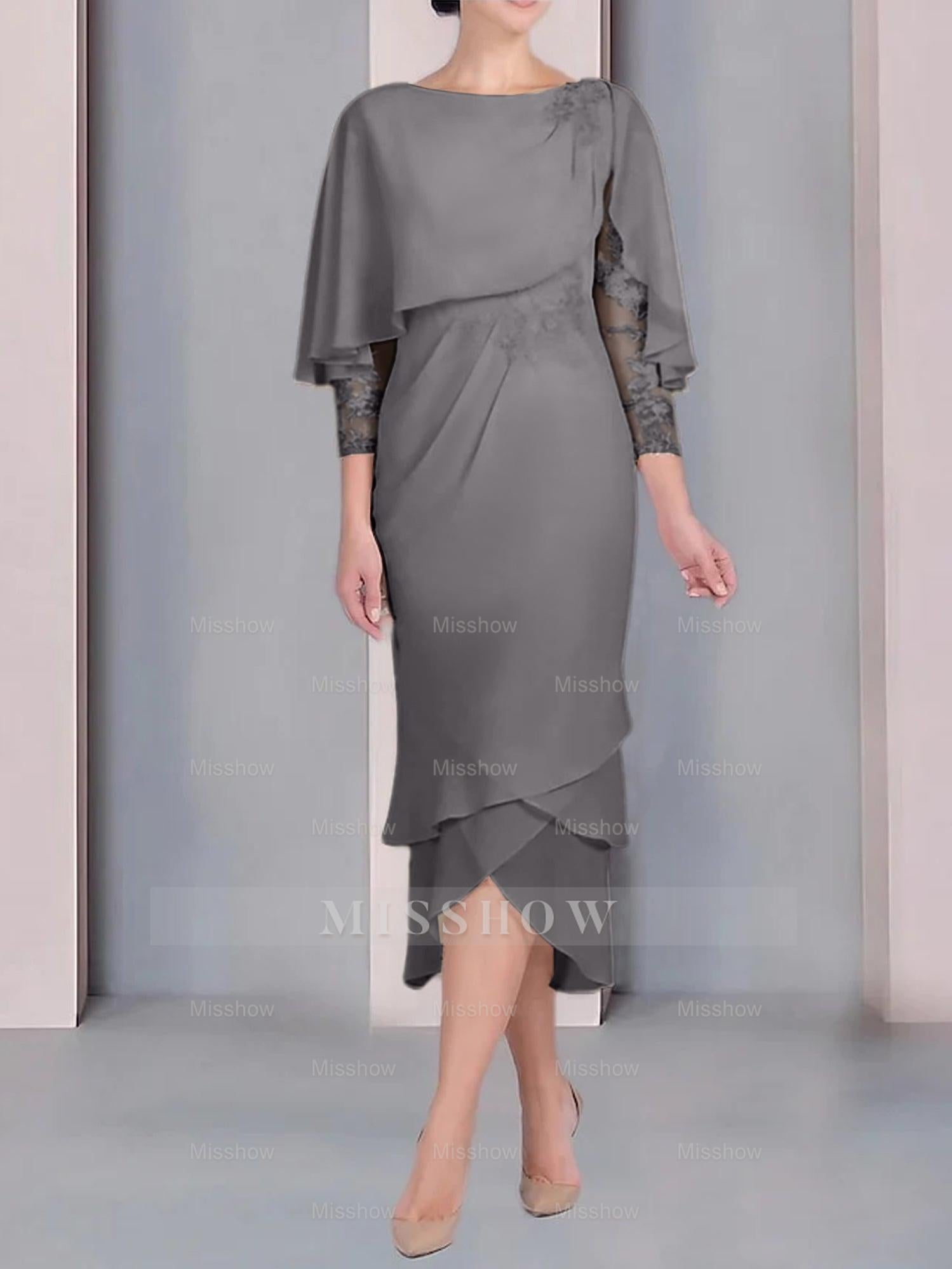 Tea-Length Mother of the Bride Dress with Scoop Neck Short Sleeves and Appliqued Lace